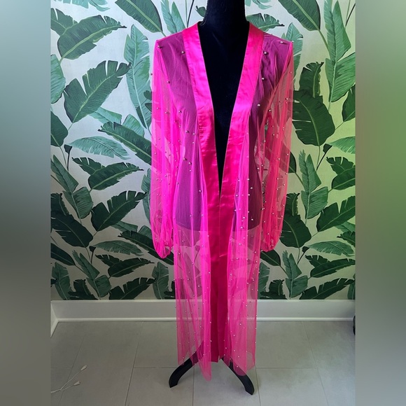 Pink Lily Womens Pink Sheer Silver Pearled Duster Open Front Jacket Medium NWOT - Picture 1 of 7